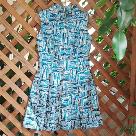 Vintage Custom Made Metallic Abstract Brocade Teal and Silver Print Party Dress - Picture 1 of 7
